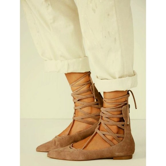 Free People Shay Lace-Up Flats Taupe Suede Leather Corset Strappy Distressed 6 - Picture 3 of 16